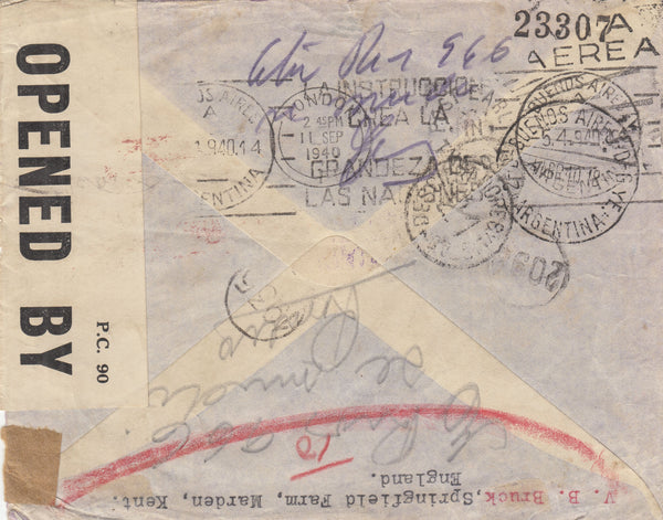 143213 1940 AIRMAIL LONDON TO ARGENTINE 5S RED (SG477) UNDELIVERED AND RETURNED TO SENDER.