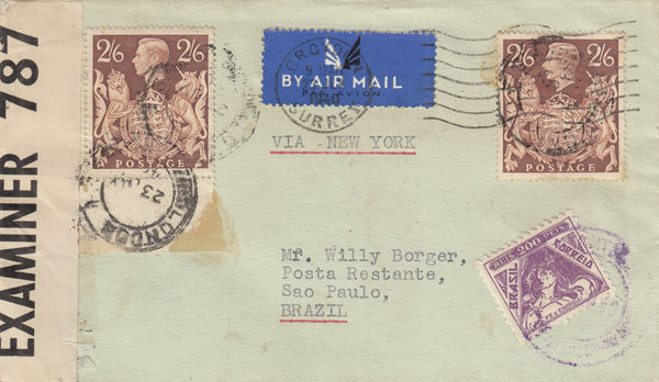 143214 1940 AIRMAIL LONDON TO A POSTE RESTANTE, SAO PAULO, BRAZIL 2/6 BROWN (SG476) X 2 AND BRAZILIAN STAMP PAYING POSTE RESTANTE FEE.