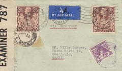 143214 1940 AIRMAIL LONDON TO A POSTE RESTANTE, SAO PAULO, BRAZIL 2/6 BROWN (SG476) X 2 AND BRAZILIAN STAMP PAYING POSTE RESTANTE FEE.