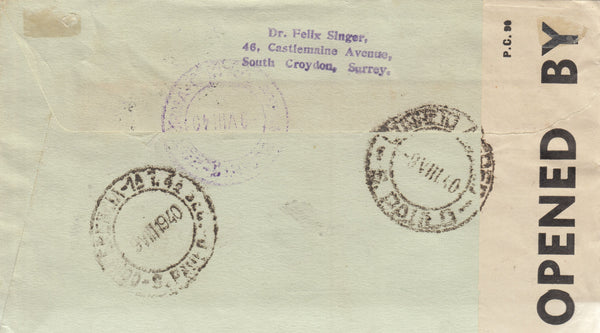 143214 1940 AIRMAIL LONDON TO A POSTE RESTANTE, SAO PAULO, BRAZIL 2/6 BROWN (SG476) X 2 AND BRAZILIAN STAMP PAYING POSTE RESTANTE FEE.