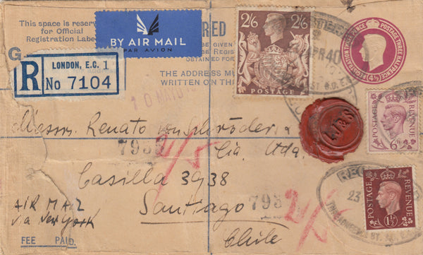 143215 1940 REGISTERED AIRMAIL LONDON TO SANTIAGO, CHILE WITH 2/6 BROWN (SG476) X 3 AND OTHER STAMPS.