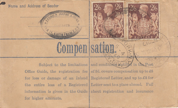 143215 1940 REGISTERED AIRMAIL LONDON TO SANTIAGO, CHILE WITH 2/6 BROWN (SG476) X 3 AND OTHER STAMPS.
