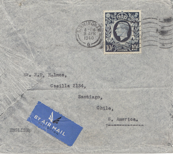 143216 1940 AIRMAIL BIRMINGHAM TO SANTIAGO, CHILE WITH SINGLE 10S DARK BLUE (SG478).