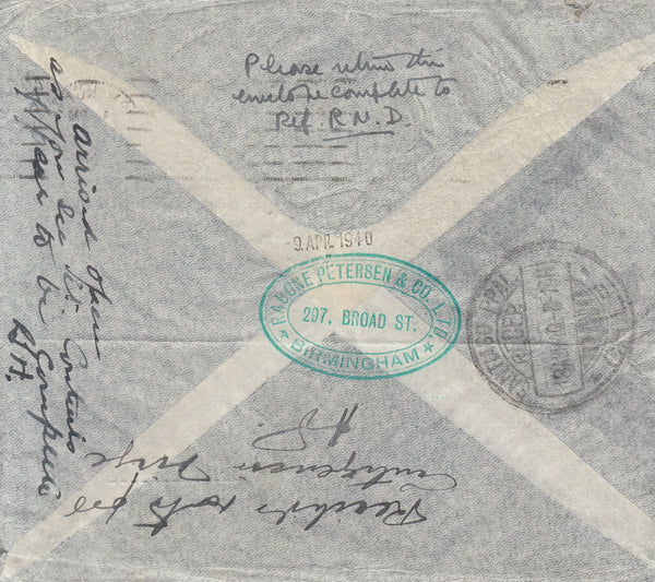 143216 1940 AIRMAIL BIRMINGHAM TO SANTIAGO, CHILE WITH SINGLE 10S DARK BLUE (SG478).