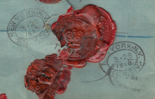 143217 1940 REGISTERED AIRMAIL LONDON TO TORONTO, CANADA 6D (SG470) 1S (SG475) 5S RED (SG477).