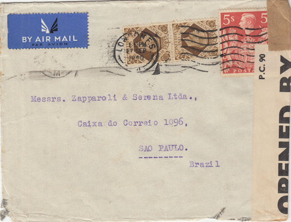 143218 1940 AIRMAIL LONDON TO SAO PAULO, BRAZIL 1S (SG475) X 2 AND 5S RED (SG477).