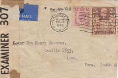 143219 1940 AIRMAIL LONDON TO LIMA, PERU 6D (SG470) AND 2/6 BROWN (SG476).