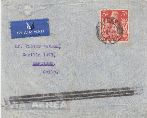 143220 1940 AIRMAIL RIPLEY, DERBY TO SANTIAGO, CHILE 5s RED (SG477) 'RIPLEY/DERBY' DATESTAMP.