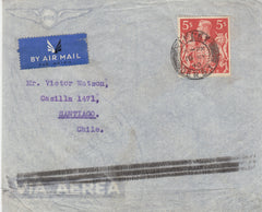 143220 1940 AIRMAIL RIPLEY, DERBY TO SANTIAGO, CHILE 5s RED (SG477) 'RIPLEY/DERBY' DATESTAMP.
