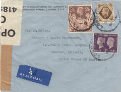 143221 1940 AIRMAIL LONDON TO ILLINOIS, U.S.A. 1s (SG475) 3d CENTENARY (SG484) 2/6 BROWN (SG476).