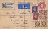 143222 1940 REGISTERED AIRMAIL MANCHESTER TO BUENOS AIRES, S. AMERICA, 1½d (SG464) 3d (SG467) 1s (SG475) X 2 2/6 BROWN (SG476).
