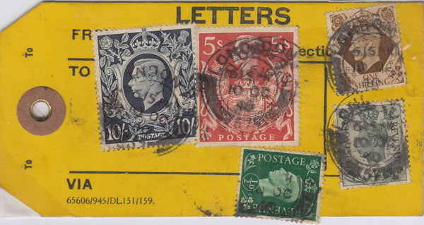143223 1940  UNADDRESSED YELLOW PARCEL TAG ½d (SG462) 4d (SG468) 1s (SG475) FINE 5s RED (SG477) AND FINE 10s DARK BLUE (SG478).