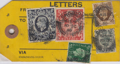 143223 1940  UNADDRESSED YELLOW PARCEL TAG ½d (SG462) 4d (SG468) 1s (SG475) FINE 5s RED (SG477) AND FINE 10s DARK BLUE (SG478).