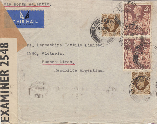 143224 1940 AIRMAIL MANCHESTER TO BUENOS AIRES, ARGENTINA 1s  (SG475) X 2 AND TWO FINE 2/6 BROWN (SG476).