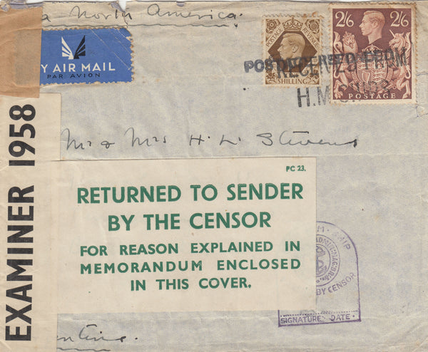 143225 CIRCA 1940-44 AIRMAIL 'H M S RAMSEY C/O G P O LONDON' TO BUENOS AIRES 1s (SG475) 2/6 BROWN (SG476) CANCELLLED 'POSTAGE REFUNDED' AND 'RECEIVED FROM/H.M.SHIPS' HANDSTAMPS.