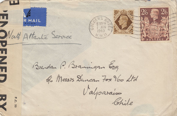 143226 1940 AIRMAIL GOLDERS GREEN, LONDON TO VALPARAISO, CHILE, KGVI 1s (SG475) 2/6 BROWN (SG476).