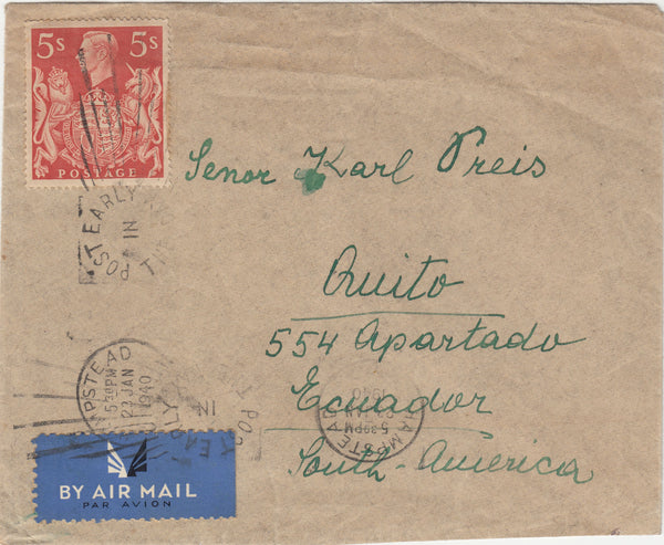 143227 1940 AIRMAIL HAMPSTEAD, LONDON TO QUITO, ECUADOR, KGVI 5s RED (SG477).