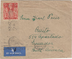 143227 1940 AIRMAIL HAMPSTEAD, LONDON TO QUITO, ECUADOR, KGVI 5s RED (SG477).