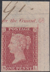 143237 1862 DIE 2 1D PL.68 IMPERFORATE UPPER RIGHT CORNER MARGINAL IMPRIMATUR LETTERED 'AL' WITH PLATE NUMBER.