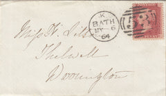 143239 1864 MAIL BATH TO WARRINGTON DIE 2 1D ALPHABET IV PL.51 (SG42).