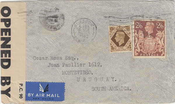 143244 1940 AIRMAIL GLASGOW TO MONTEVIDEO, URUGUAY KGVI 1s (SG475) AND FINE 2/6 BROWN (SG476).