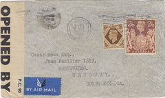 143244 1940 AIRMAIL GLASGOW TO MONTEVIDEO, URUGUAY KGVI 1s (SG475) AND FINE 2/6 BROWN (SG476).