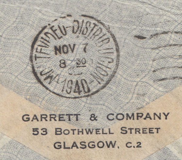 143244 1940 AIRMAIL GLASGOW TO MONTEVIDEO, URUGUAY KGVI 1s (SG475) AND FINE 2/6 BROWN (SG476).