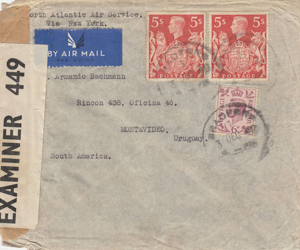 143245 1940 AIRMAIL BRADFORD, YORKS TO MONTEVIDEO, URUGUAY KGVI 6d (SG470) AND 5s RED (SG477) X 2.