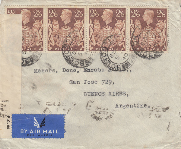 143246 1940 AIRMAIL BOLTON, LANCS TO BUENOS AIRES, ARGENTINE KGVI 2/6 BROWN (SG476)  X 4.