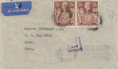 143249 1940 AIRMAIL MANCHESTER TO LIMA, PERU PAIR KGVI 2/6 BROWN (SG476).