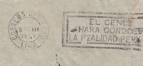 143249 1940 AIRMAIL MANCHESTER TO LIMA, PERU PAIR KGVI 2/6 BROWN (SG476).