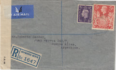 143250 1940 REGISTERED AIRMAIL HAYWARDS HEATH, SUSSEX TO BUENOS AIRES, ARGENTINE KGVI 3d  (SG467) AND FINE 5s RED (SG477) BOTH WITH PERFIN.