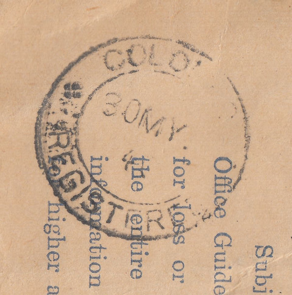 143251 1940 REGISTERED AIRMAIL BIRMINGHAM TO COLOMBO, CEYLON WITH FINE 2/6 BROWN (SG476) AND FINE 5s RED (SG477) AND OTHER VALUES.