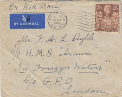 143252 1940 AIRMAIL MAIDA HILL, LONDON TO 'H.M.S.'ARAWA ', 'In Foreign Waters, C/o G.P.O LONDON' 2/6 BROWN (SG476).
