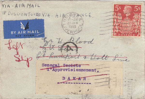 143253 1940 AIRMAIL BOOTLE, LIVERPOOL TO  MONTEVIDEO, REDIRECTED TO DAKAR, SENEGAL, RETURNED TO SENDER KGVI 5s RED (SG477).