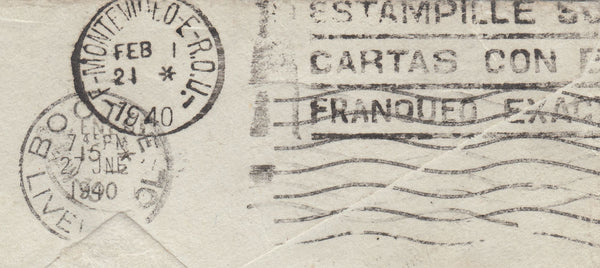143253 1940 AIRMAIL BOOTLE, LIVERPOOL TO  MONTEVIDEO, REDIRECTED TO DAKAR, SENEGAL, RETURNED TO SENDER KGVI 5s RED (SG477).