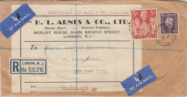 143254 1940 ENVELOPE  REGISTERED AIRMAIL  LONDON TO NEW YORK, U.S.A. KGVI 3d VIOLET (SG467) AND 5s RED (SG477).