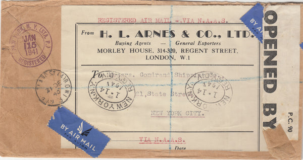 143254 1940 ENVELOPE  REGISTERED AIRMAIL  LONDON TO NEW YORK, U.S.A. KGVI 3d VIOLET (SG467) AND 5s RED (SG477).