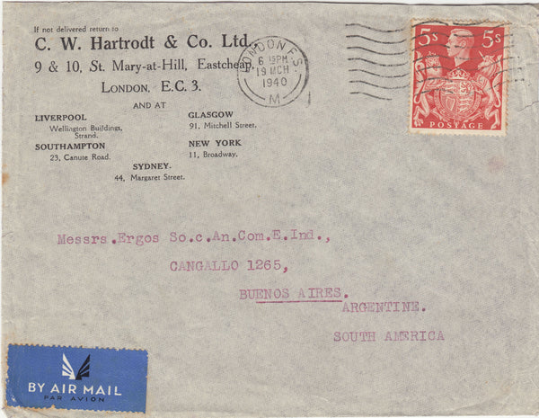 143256  1940 AIRMAIL LONDON TO BUENOS AIRES, ARGENTINA KGVI 5s RED (SG477).