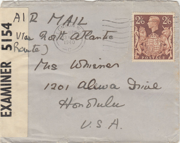 143257 1940 AIRMAIL LONDON TO HONOLULU, U.S.A. KGVI 2/6 BROWN (SG476).