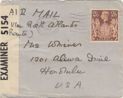 143257 1940 AIRMAIL LONDON TO HONOLULU, U.S.A. KGVI 2/6 BROWN (SG476).