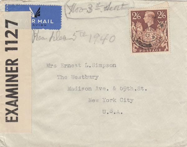 143258 1940 AIRMAIL HANTS TO NEW YORK, U.S.A. KGVI 2/6 BROWN (SG476).