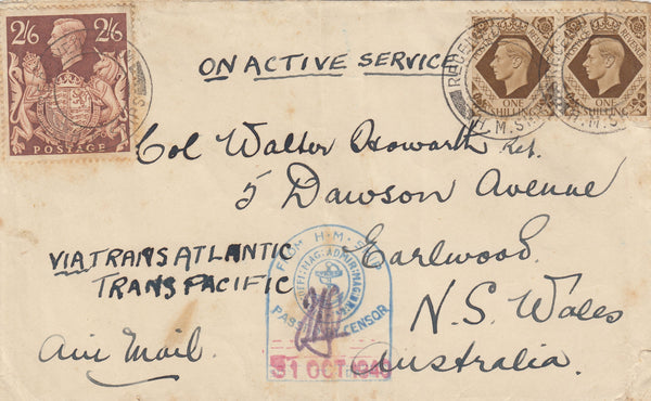 143259 1940 AIRMAIL POSTED ABORAD H.M. SHIP TO AUSTRALIA WITH KGVI  1s (SG475) X 2 AND 2/6 BROWN (SG476).