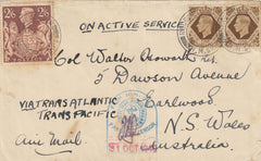 143259 1940 AIRMAIL POSTED ABORAD H.M. SHIP TO AUSTRALIA WITH KGVI  1s (SG475) X 2 AND 2/6 BROWN (SG476).