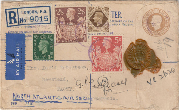 143260 1941 REGISTERED AIRMAIL LONDON TO PAGET, BERMUDA WITH KGVI 2/6 BROWN (SG476) 5s RED (SG477) AND OTHER ISSUES.