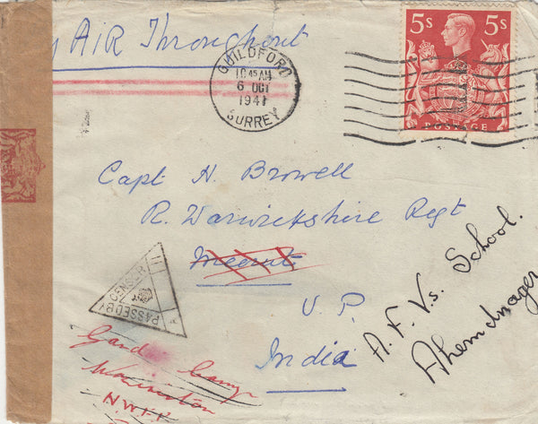 143263 1941 AIRMAIL GUILDFORD, SURREY TO INDIA KGVI 5s RED (SG477).