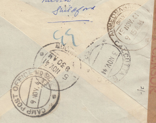 143263 1941 AIRMAIL GUILDFORD, SURREY TO INDIA KGVI 5s RED (SG477).