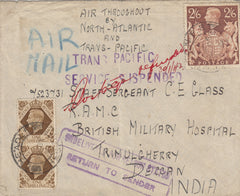 143265 1941 AIRMAIL CHEADLE, STAFFS TO DECCAN, INDIA KGVI 1s (SG475) X 2 2/6, BROWN (SG476) SERVICE SUSPENDED AND POSTAGE REFUNDED.
