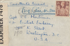 143266 1941 AIRMAIL SHREWSBURY, SHROPS TO THE BRITISH EMBASSY, WASHINGTON, U.S.A. KGVI 2/6 BROWN (SG476).