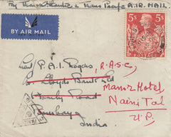 143268 1941 AIRMAIL BIRKENHEAD, CHESHIRE TO INDIA, REDIRECTED WITHIN INDIA KGVI 5s RED (SG477).